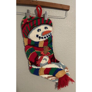 World Bazaars Christmas Stocking Hooked Snowman Red Green Needlepoint Holiday
